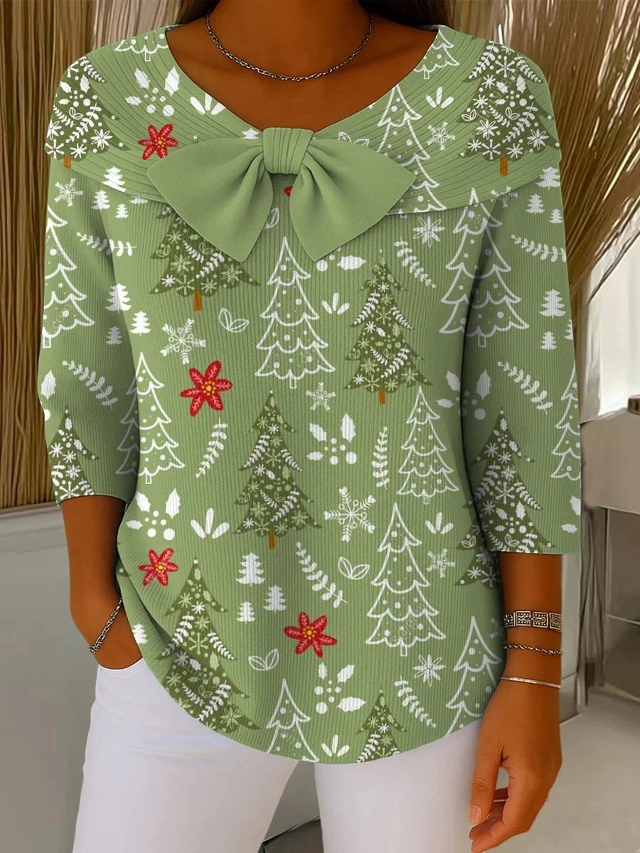 Women's Christmas Print Bow Knit Pullover Top