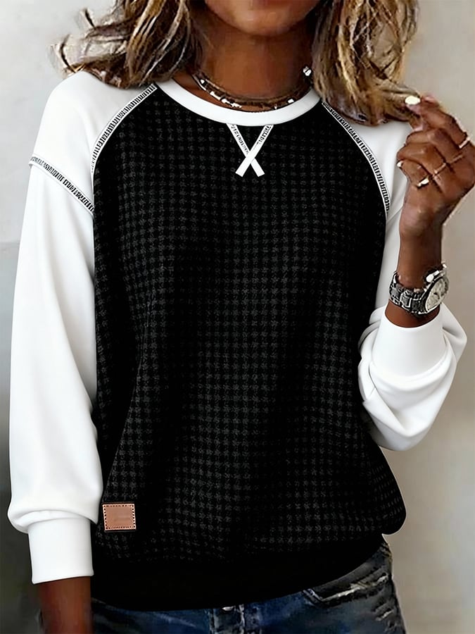 Women's Casual Crew Neck Contrast Waffle Sweatshirt