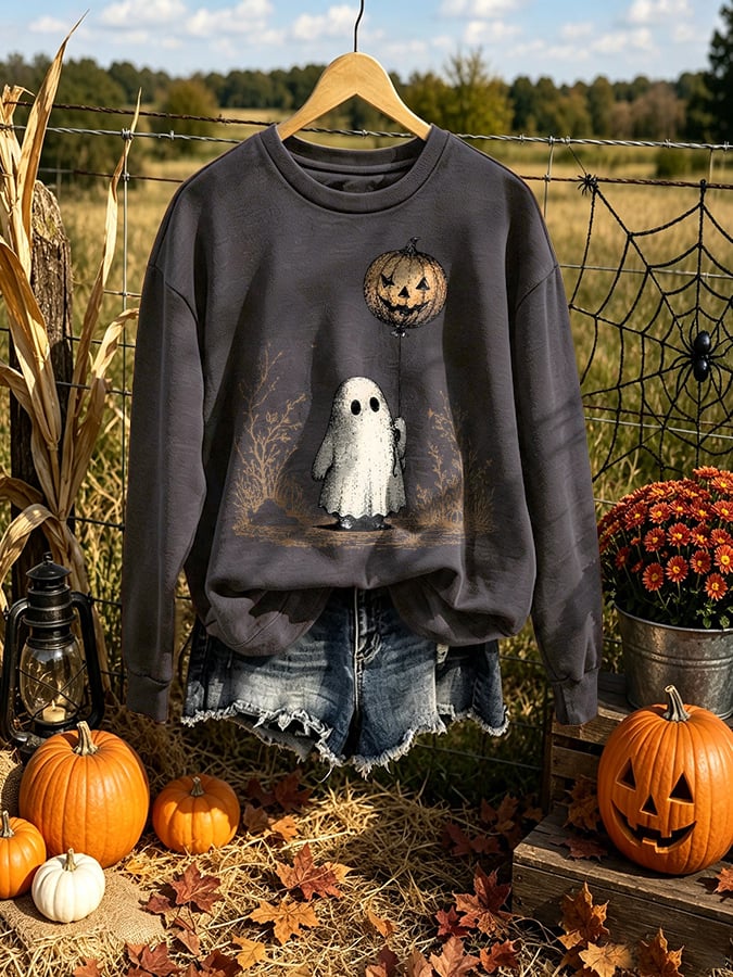 Retro Halloween Pumpkin Ghost Horror Print Sweatshirt