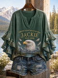 Forever Soaring over Great Bear Lake - Jackie Eagle Floral Ruffle Sleeve Women's Blouse