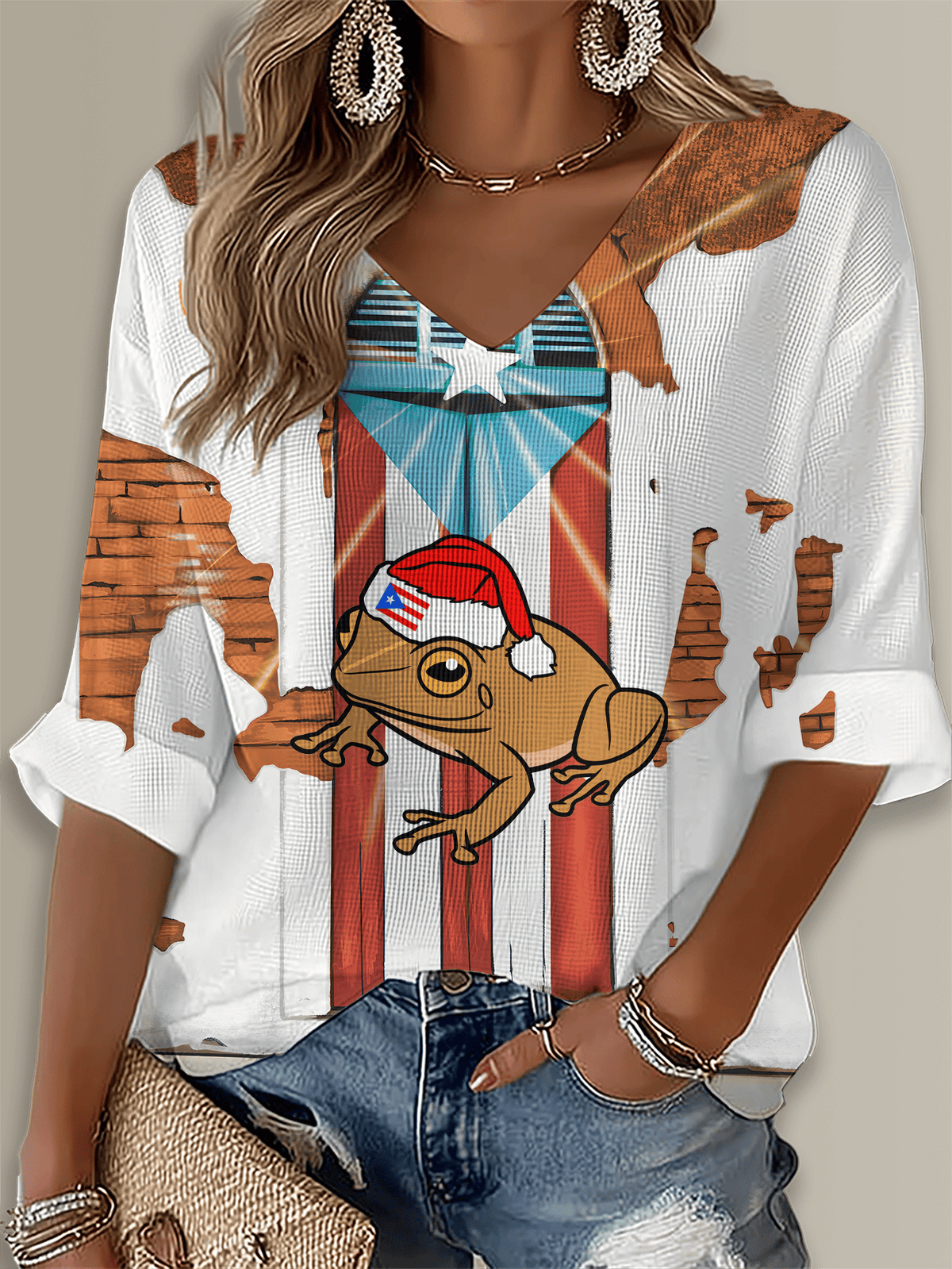 Puerto Rico Li Navidad Christmas Printed Long Sleeve Top