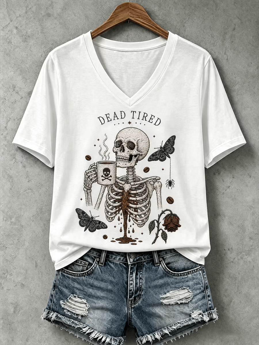 Women's Halloween Dead Tired Print V Neck T-Shirt