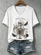 Women's Halloween Dead Tired Print V Neck T-Shirt