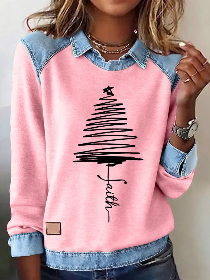 Women's Faith Christmas Tree Printed Comfortable Denim Patchwork Sweatshirt