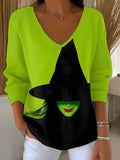 Women's Witch Print V Neck Sweater