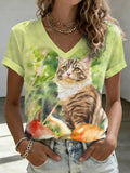 Women's Cat Print V Neck T-shirt