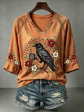 V Neck Retro Halloween Crow Is He Dead Yet Print T-Shirt