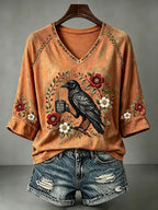 V Neck Retro Halloween Crow Is He Dead Yet Print T-Shirt