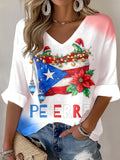 Puerto Rico Color Casual Women's  Print V Neck T-shirt
