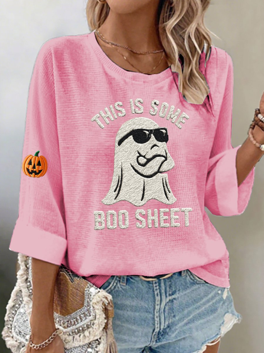 Women's casual Halloween ghost waffle embroidered T-shirt