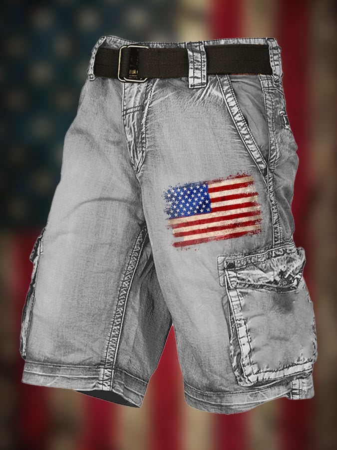 Men's Vintage Flag Independence Day Multi-Pocket Print Cargo Shorts (Belt Not Included)