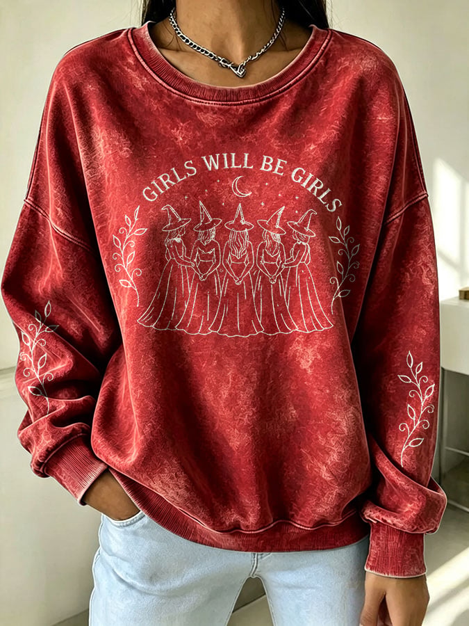 Women's Halloween Girls Will Be Girls Witch Print Sweatshirt