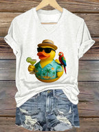 V-Neck Retro Parrot Margarita Memorial Duck Print T-Shirt