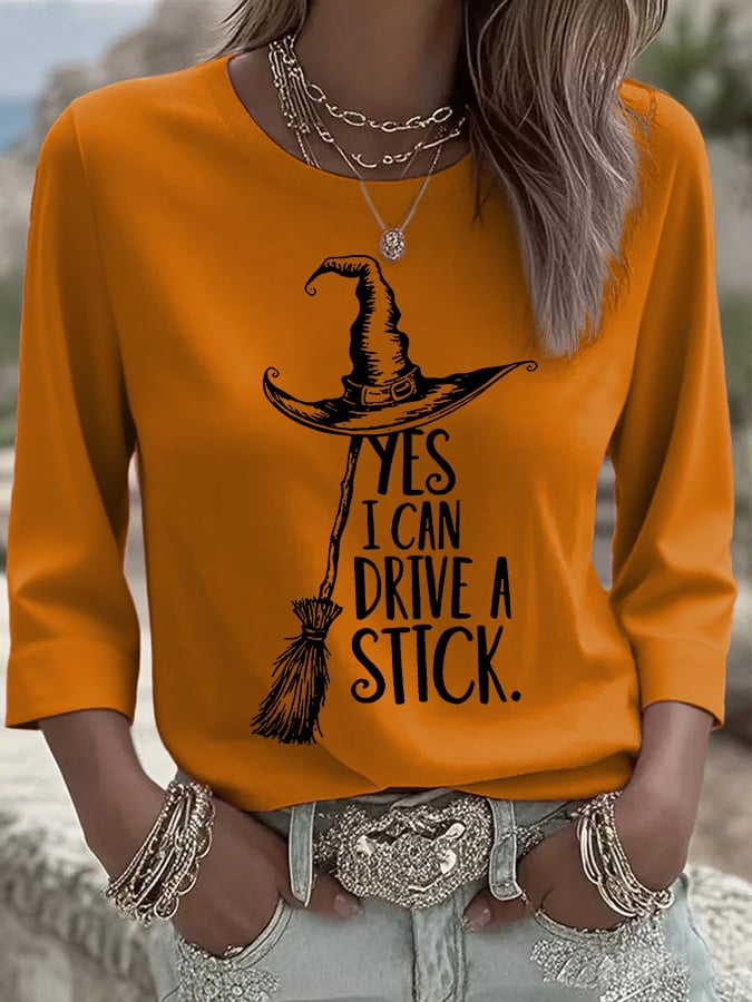 Women's Yes I Can Drive A Stick Printed Round Neck T-Shirt