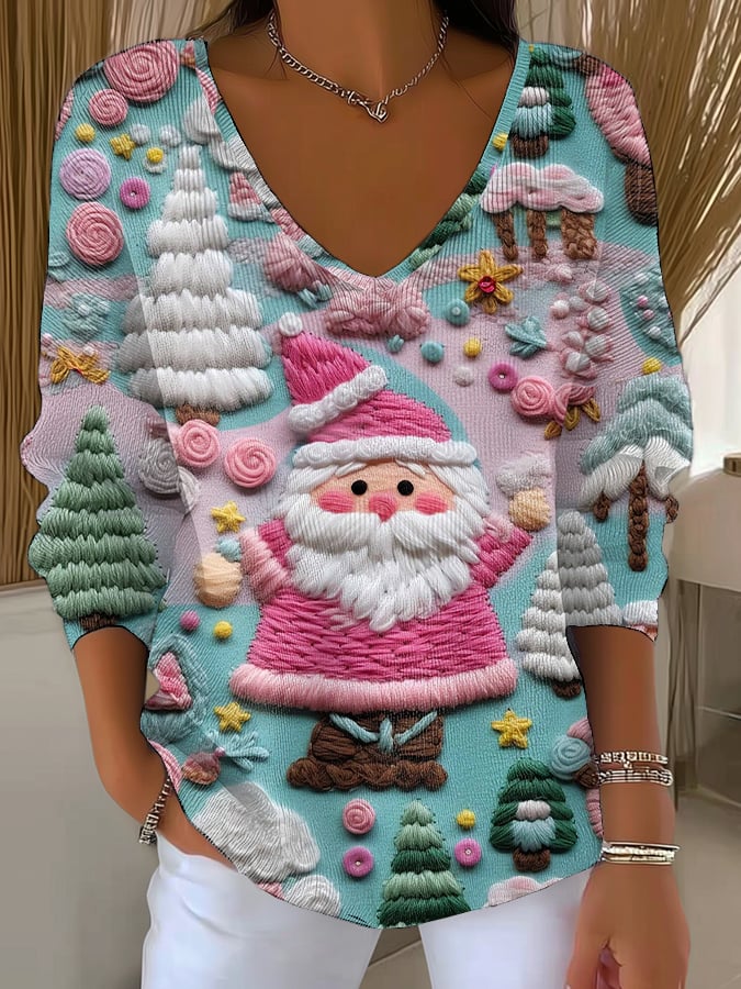 Women's Vintage Pastel Santa Print V Neck Sweater