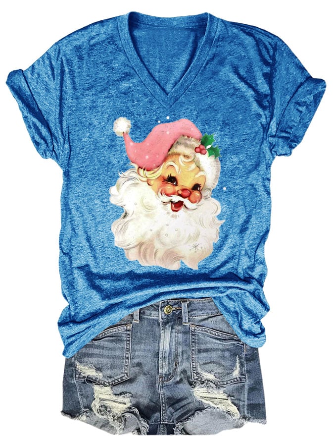 Christmas Retro Pink Santa Print T-Shirt
