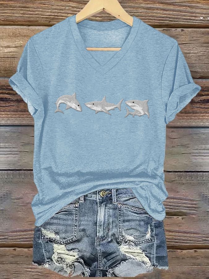 Women's Great White Shark Casual V-Neck T-Shirt