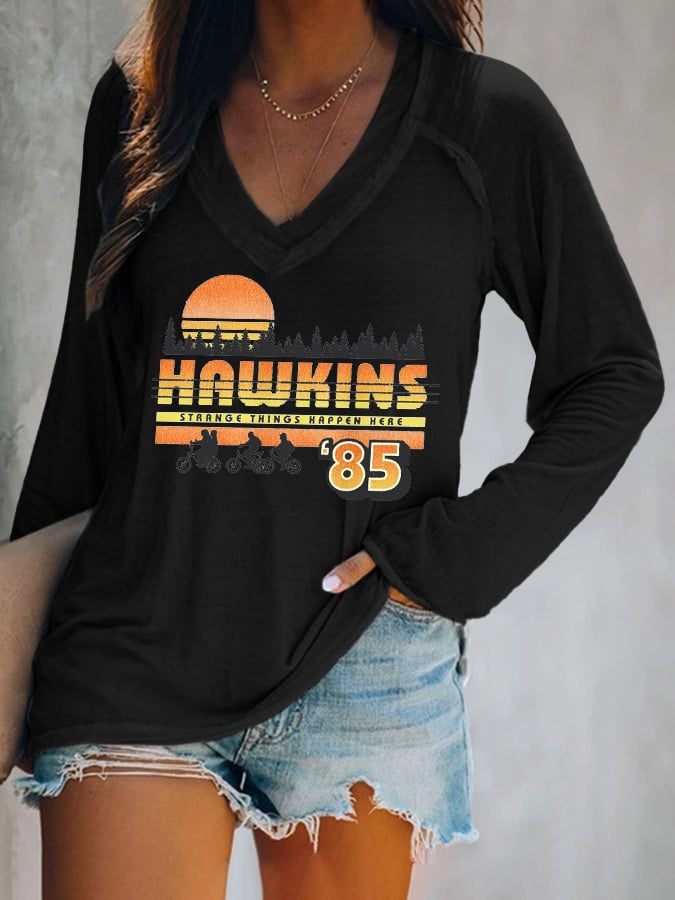 V-neck Retro  Hawkins Print T-Shirt