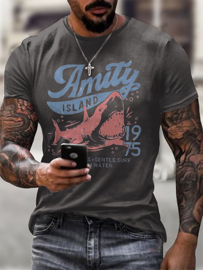 Men's Amity Island 1975 Clear Skies Gentle Surf Warm Water Printed Round Neck T-Shirt