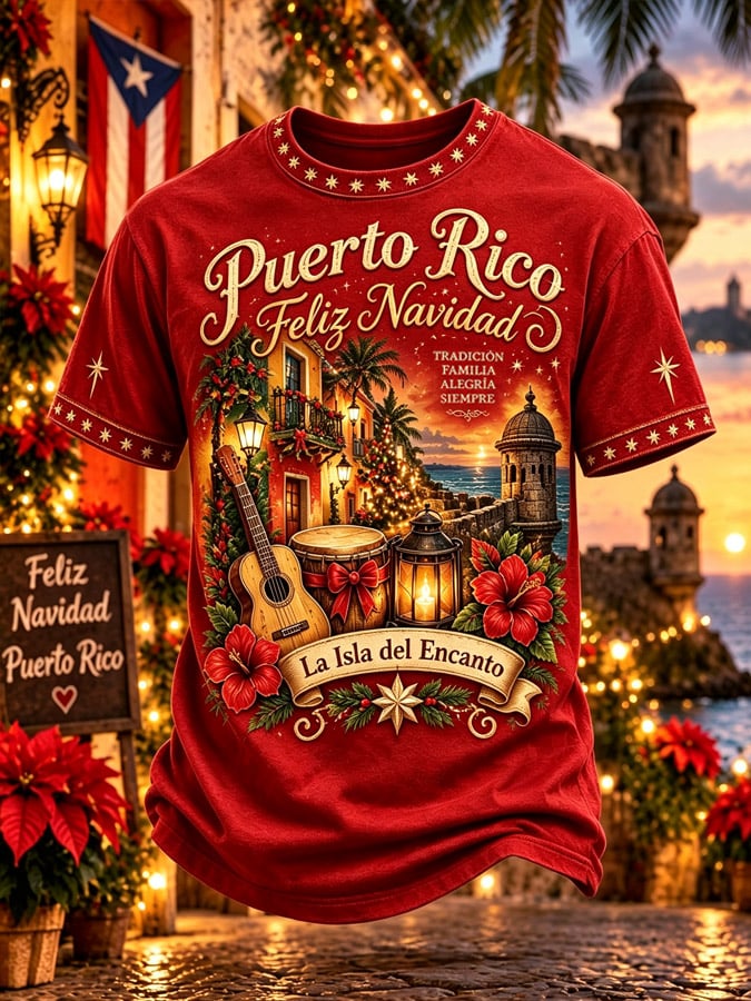 Men's Puerto Rico Christmas Print Casual T-Shirt
