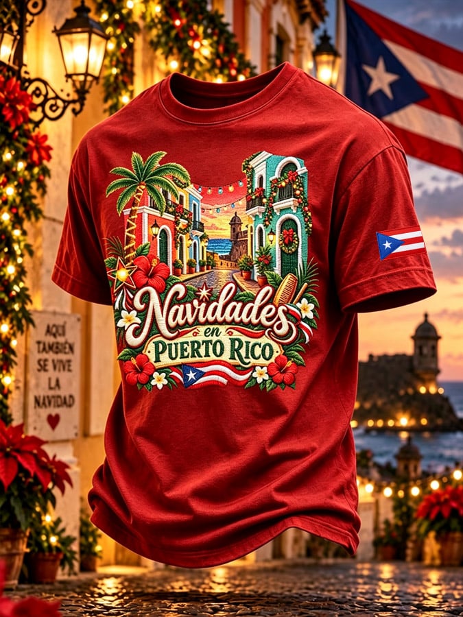 Men's Puerto Rico Christmas Print Casual T-Shirt