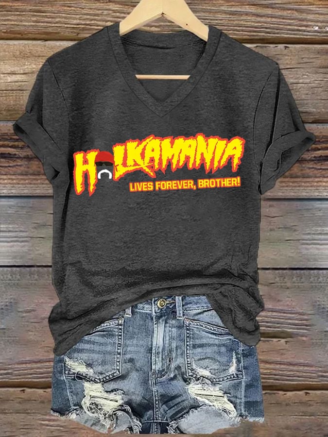 Women's Hot Top Legendary Wrestler Print V-Neck T-Shirt