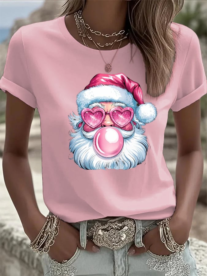 Women's Retro Christmas Santa Print Casual T-Shirt