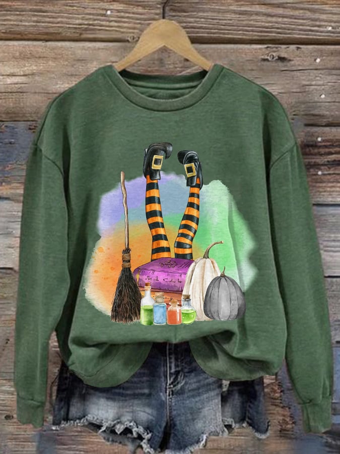 Women's Witch Print Round Neck Sweatshirt