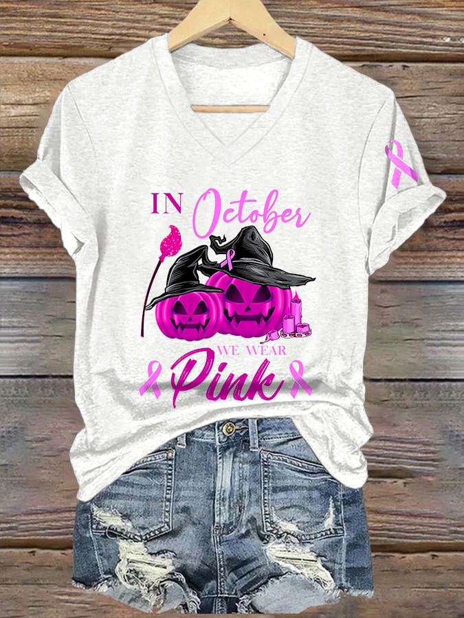 Women's In October We Wear Pink Print V-Neck T-Shirt