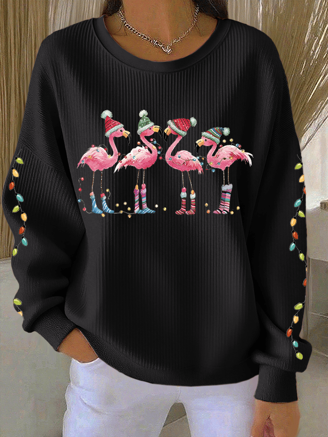 Women's Christmas Flamingo Print Knitted Crew Neck Long Sleeve Top