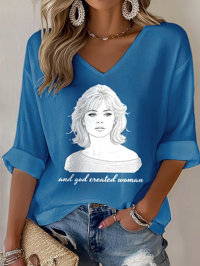 V-Neck Retro B.B. And God Created Woman Watercolor Painting Print T-Shirt
