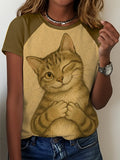 Women's Cute Animal Cat Pattern Print Raglan Sleeve Round Neck T-Shirt