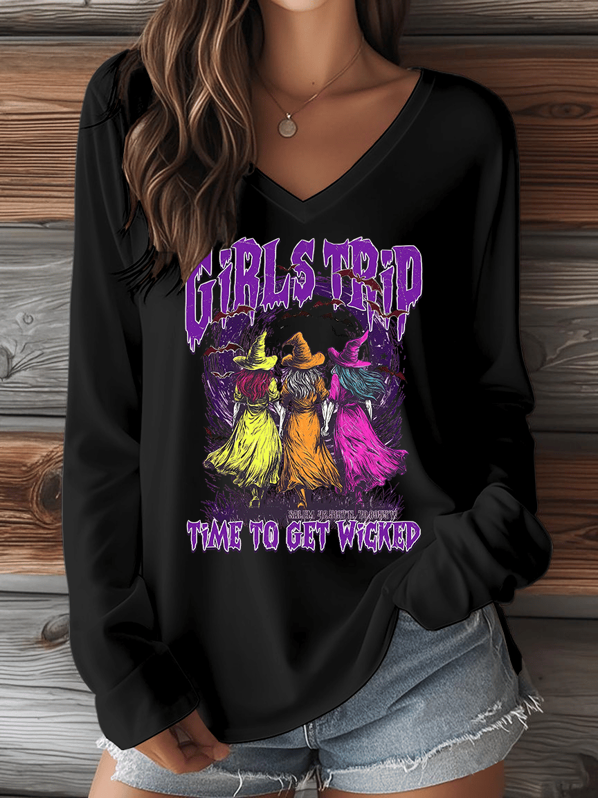 Women's Girls Trip Time To Get Wicked Print V-Neck Long Sleeve T-Shirt