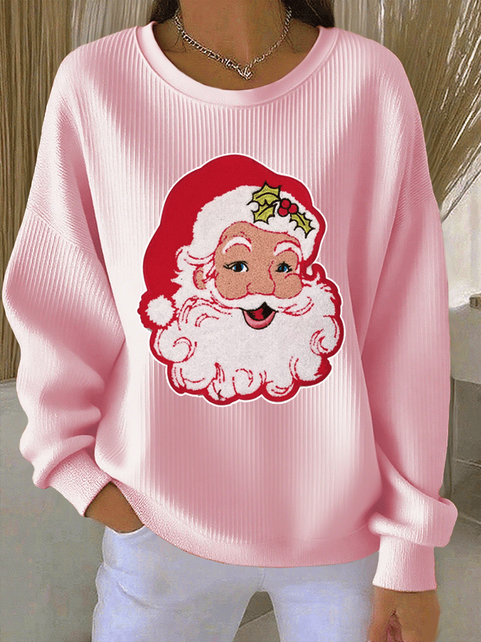 Women's Santa Claus Print Knitted Crew Neck Long Sleeve Top
