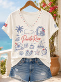 Women's Casual V-Neck Top with Puerto Rico Print
