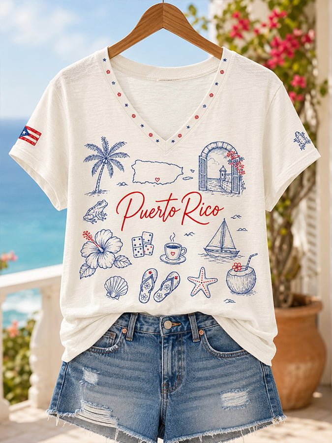 Women's Casual V-Neck Top with Puerto Rico Print