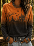 Women's Autumn Witch Cat Print Long-Sleeved Top