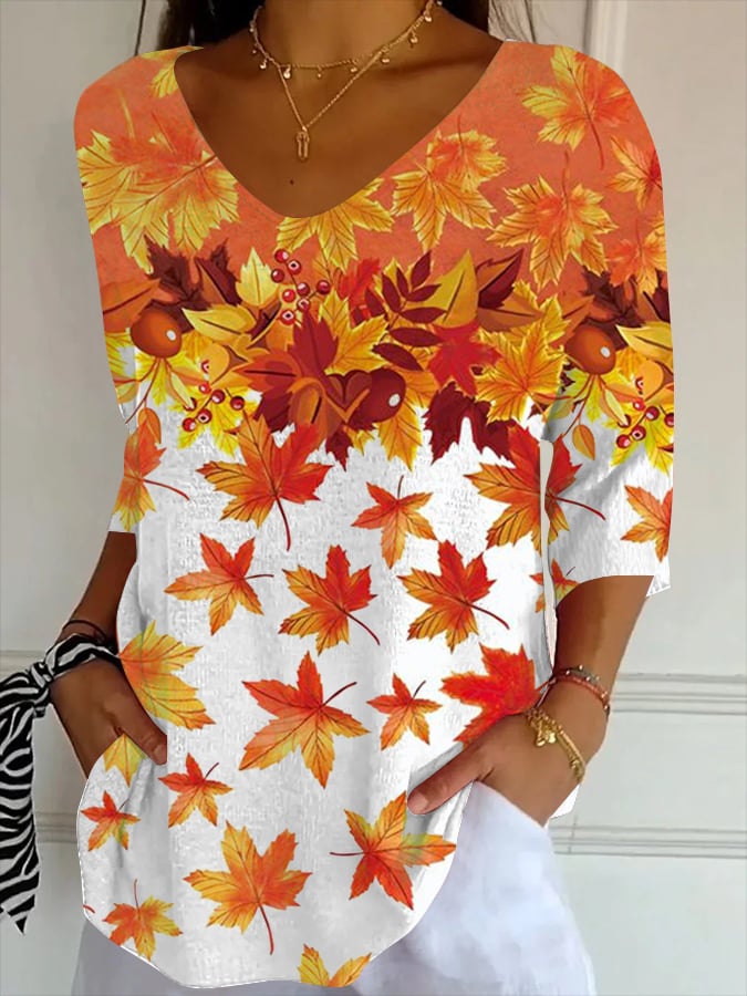 Women's Casual Autumn Pumpkin Striped T-Shirt
