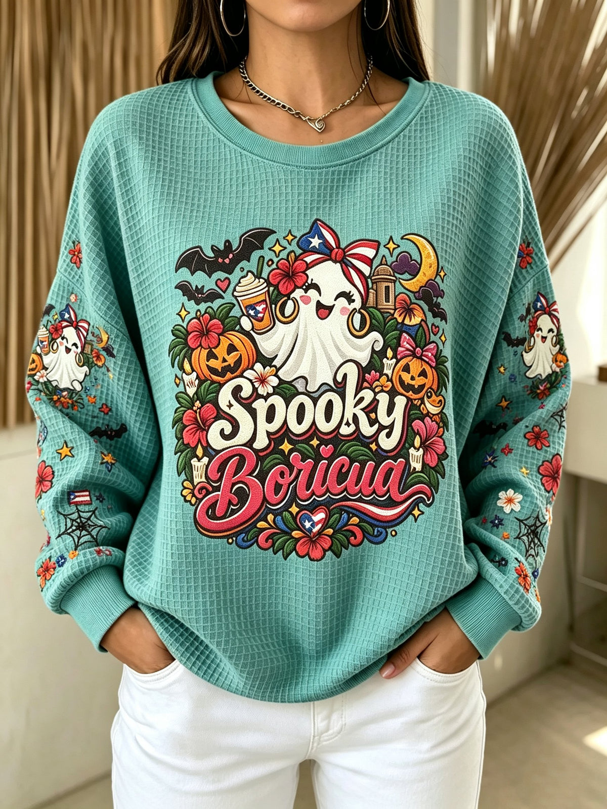 Women's Halloween in Puerto Rico Print Waffle-Knit Top