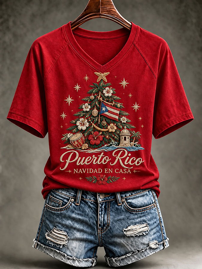 Women's Puerto Rico Christmas Print Casual T-shirt
