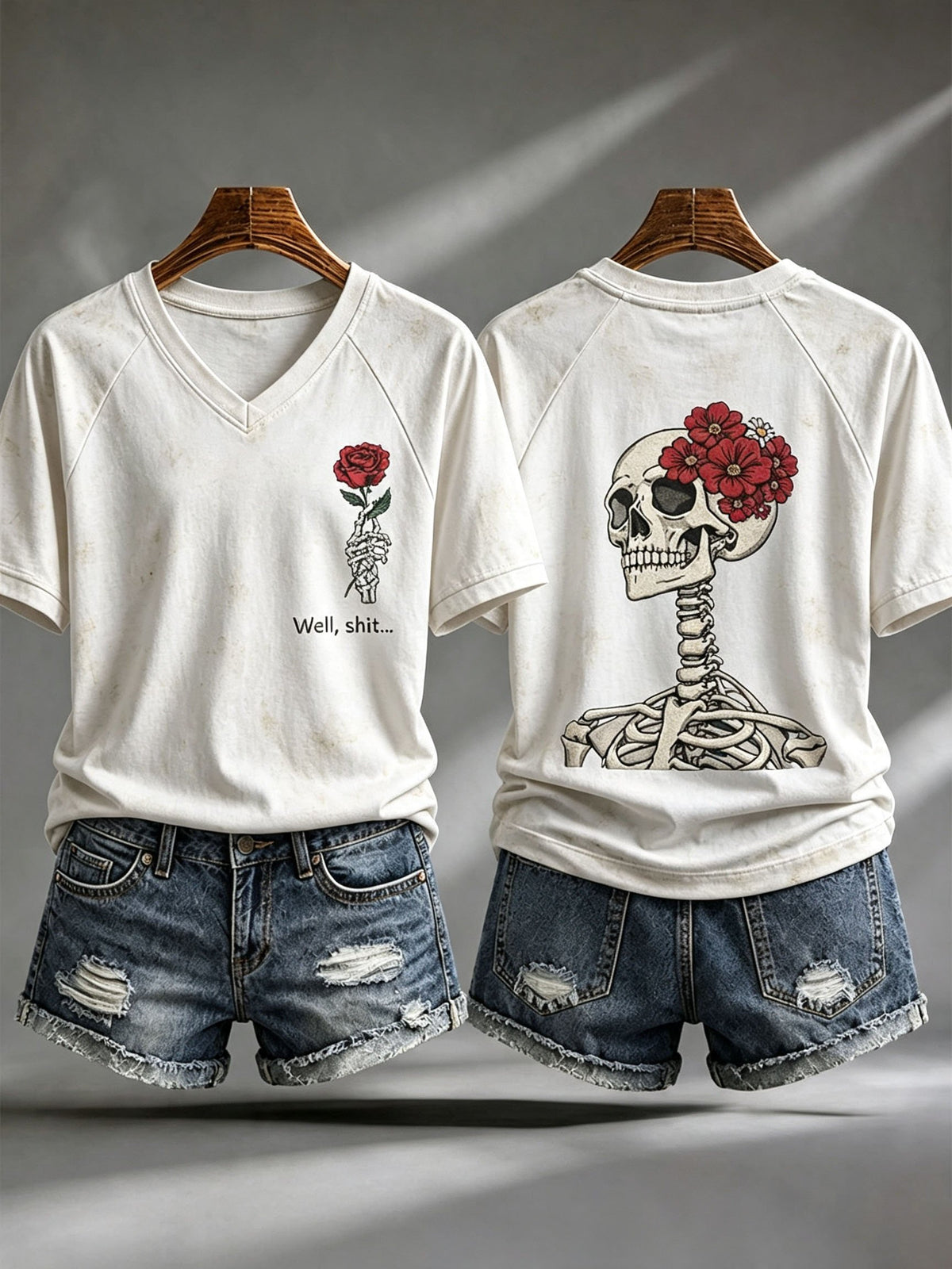 Women's Retro Halloween Well, Shit... Print V Neck T-Shirt