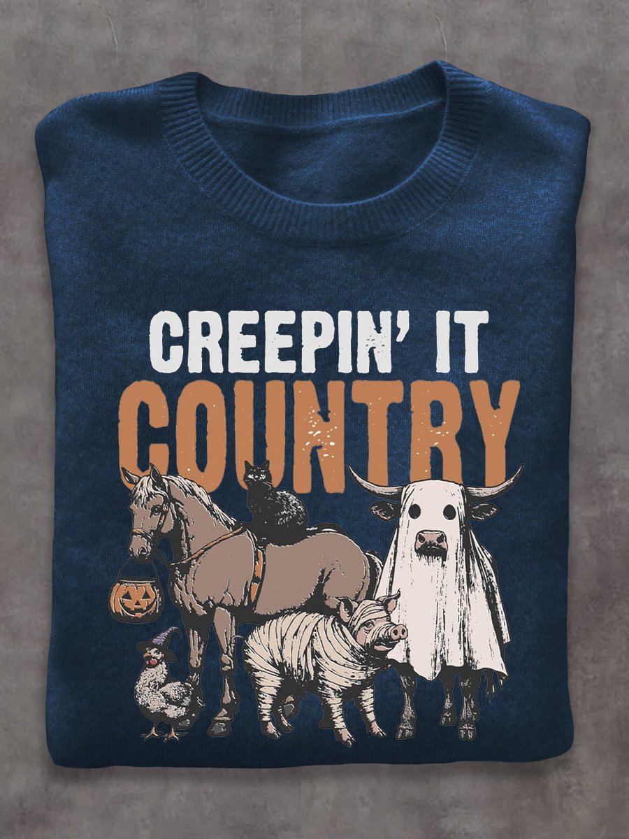 Cow Horse Black Cat Pig Ghost West Halloween Art Print Thin Sweater