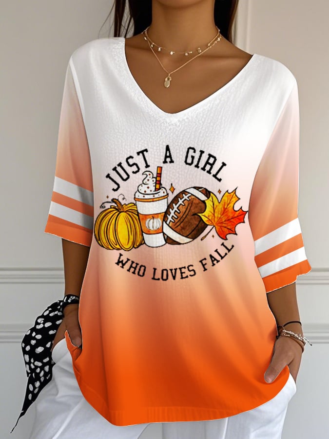 Women'S Vintage Pumpkin Maple Leaf JUST A GIRL WHO LOVES FALL Print V-Neck T-Shirt