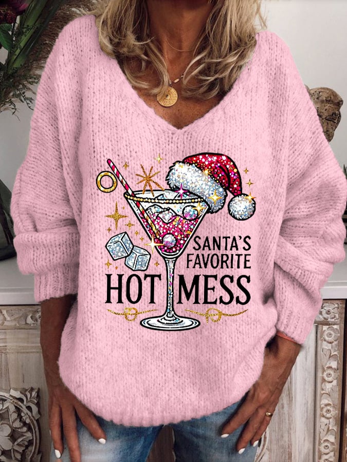 Women's Christmas Santa's Favorite Hot Mess V-Neck Knit Sweater