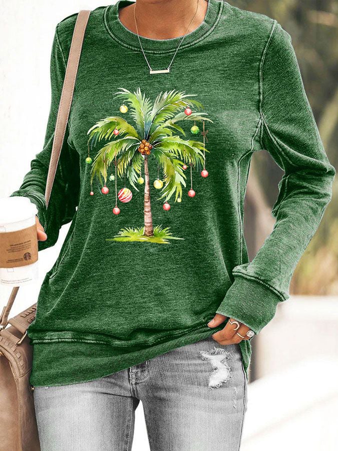Women's Casual Christmas Palm Tree Printed Long Sleeve Sweatshirt