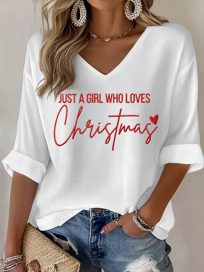 Women's casual just a girl who loves Christmas printed waffle long-sleeved T-shirt