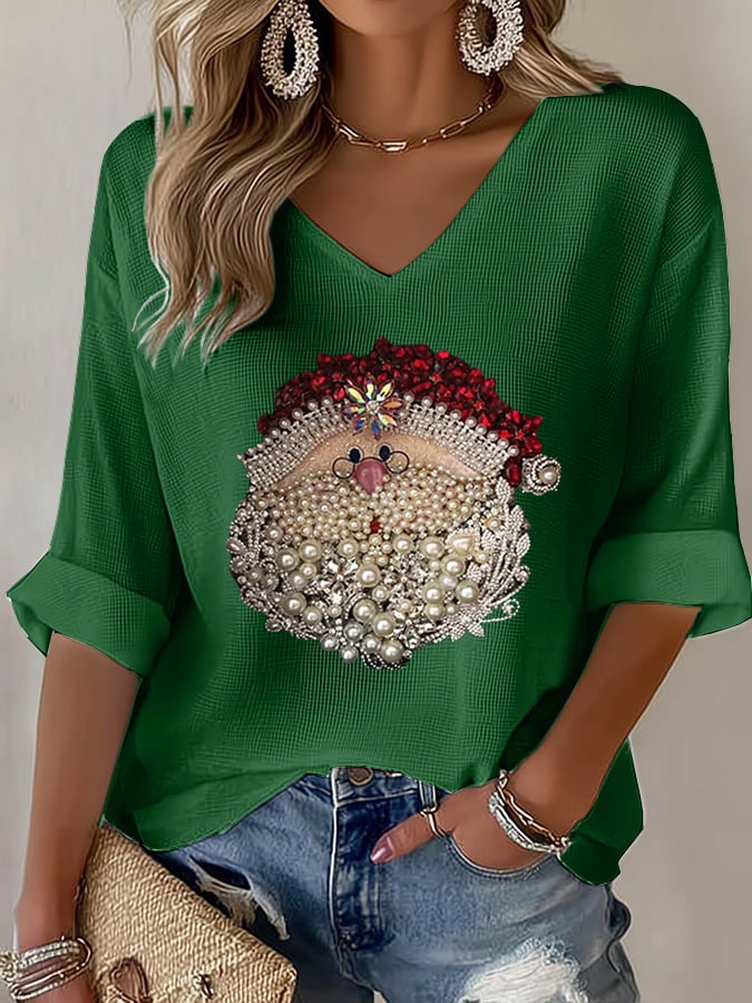 Women's Retro Santa Head Print Shirt