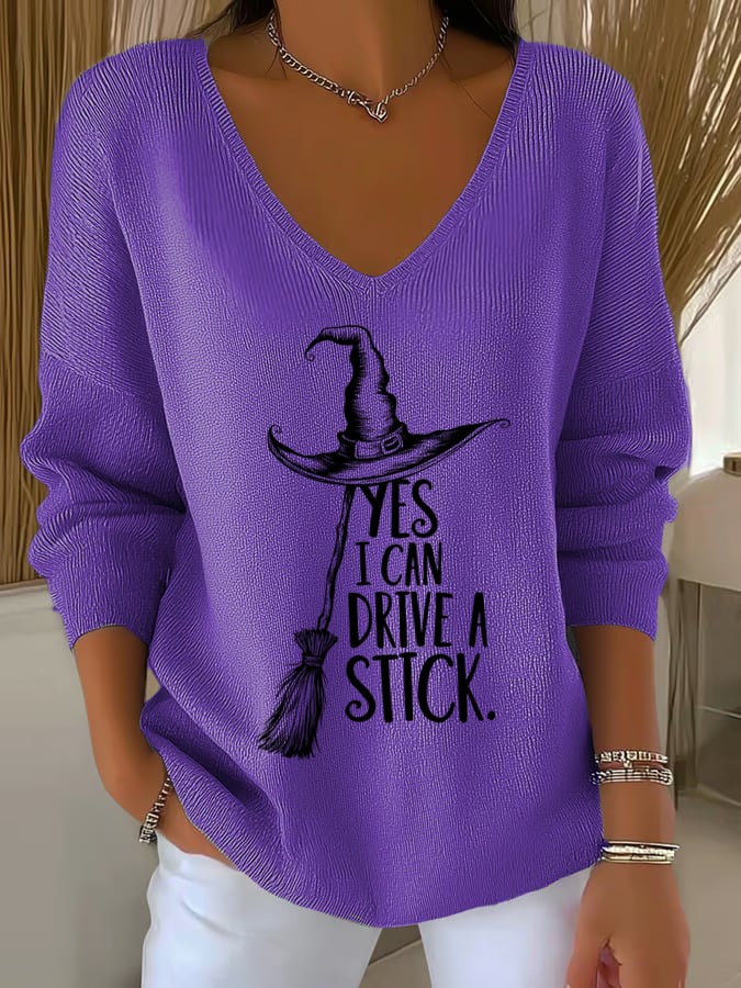 Women'S Witch "Yes I Can Drive A Stick"  Print Drop Shoulder Sweater