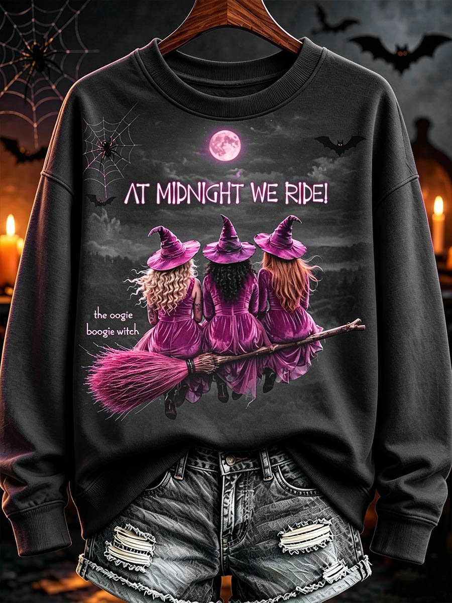 Halloween Midnight Witch Broomstick Print Vintage Crewneck Sweatshirt