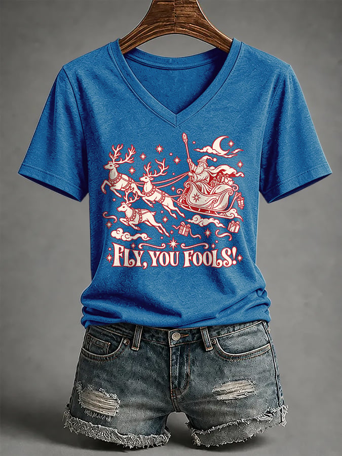 🔥🔥2nd 50% Off 🔥🔥V-Neck Retro Funny Christmas Fly You Fools Reindeer Holiday Season Print T-Shirt